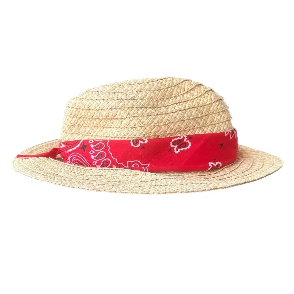 Tan Straw Hat Red Paisley Bandana Tie. Sun Hat Beach Summer Medium/Large NWOT - Picture 6 of 8